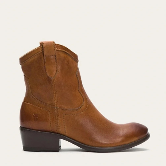 $369 Frye Carson PullOn Tan Brown Leather Western Low Heel Festival Cowgirl Boot - Picture 1 of 11